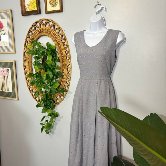 Vtg 90s Gray Blue Pleated Maxi Dress Micro Check Floral Embroidery Sleeveless - Picture 12 of 13